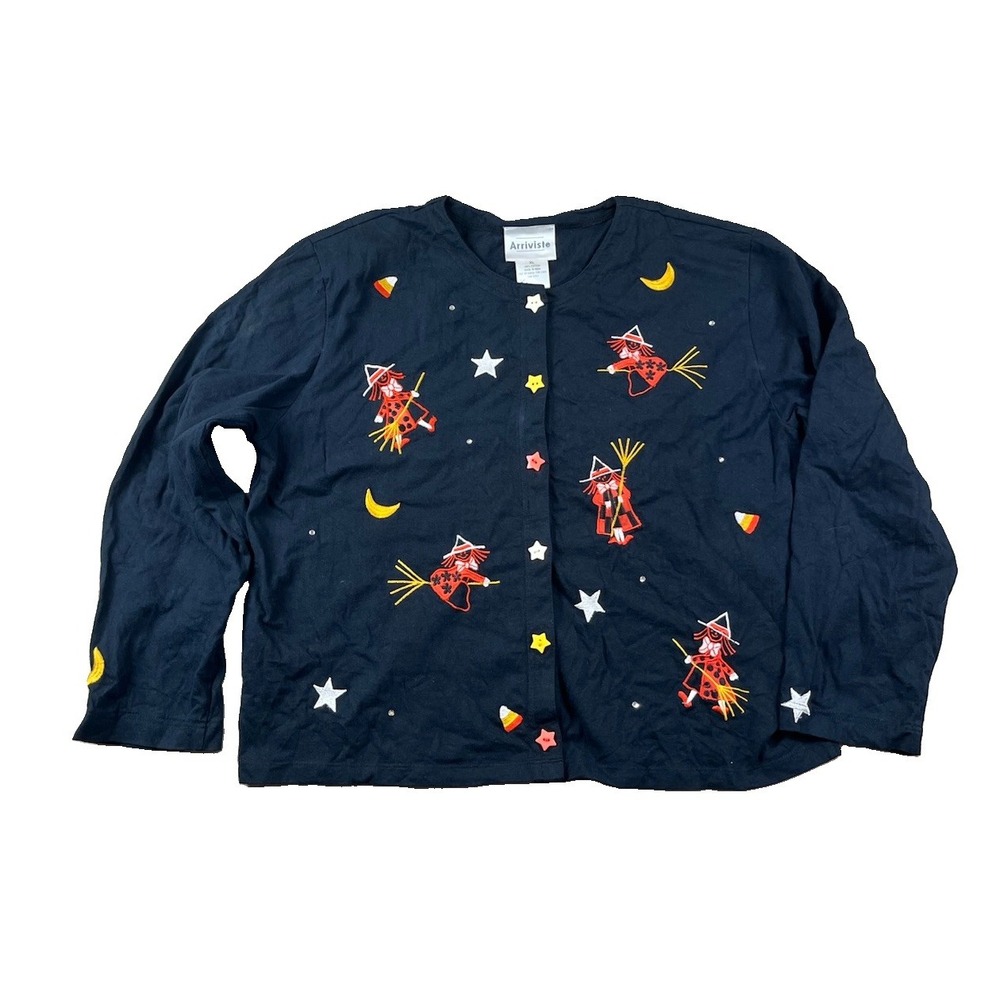 Arriviste Sweater Womens XL Black Halloween Witches Embroidered Star Buttons